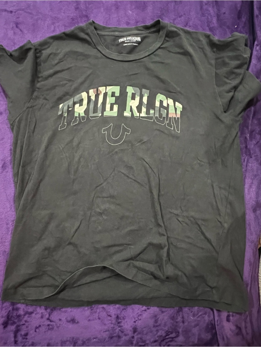 True Religion Black Tee with Camo-Arched Logo